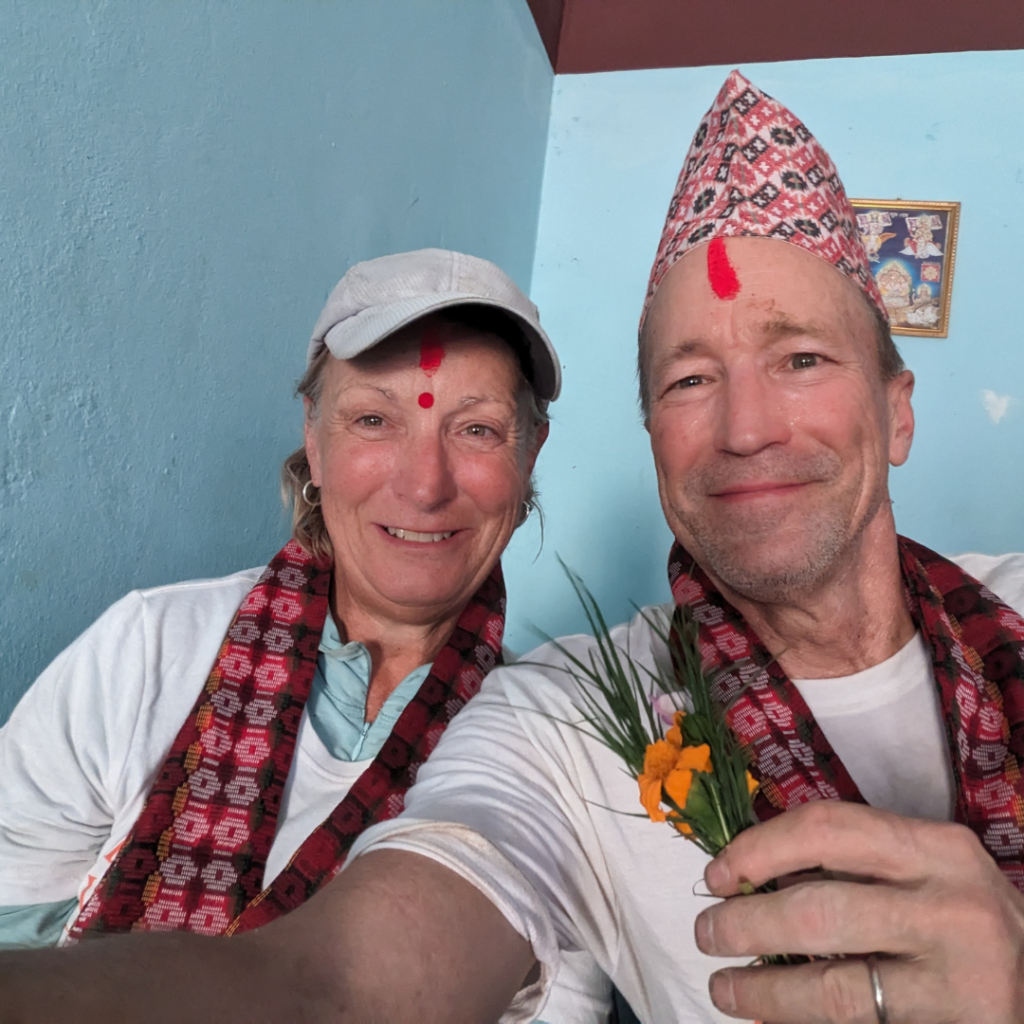 Volunteers with traditional forehead spots Nepal